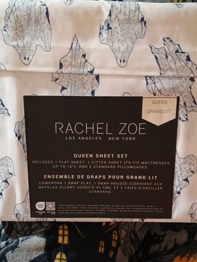 NWTS Rachel Zoe Queen Sheet Set Toile Halloween Ghosts Blue /White HTF